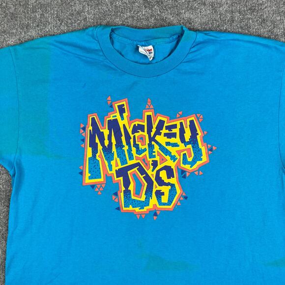Hanes Mickey Ds T-Shirt Mens XL Turquoise 50/50 Vintage Graphic Short Sleeve 80s - Picture 1 of 9